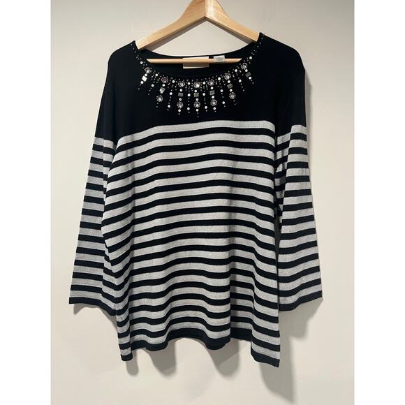 Alfred Dunner Sweater Black Silver Striped Metallic Embellished Neckline 1X JL - Picture 1 of 11